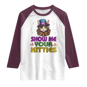 Mardi Gras Raglan Shirt Show Me Your Kitties Cool Cat Jester Hat Bead TS09 White Maroon Print Your Wear