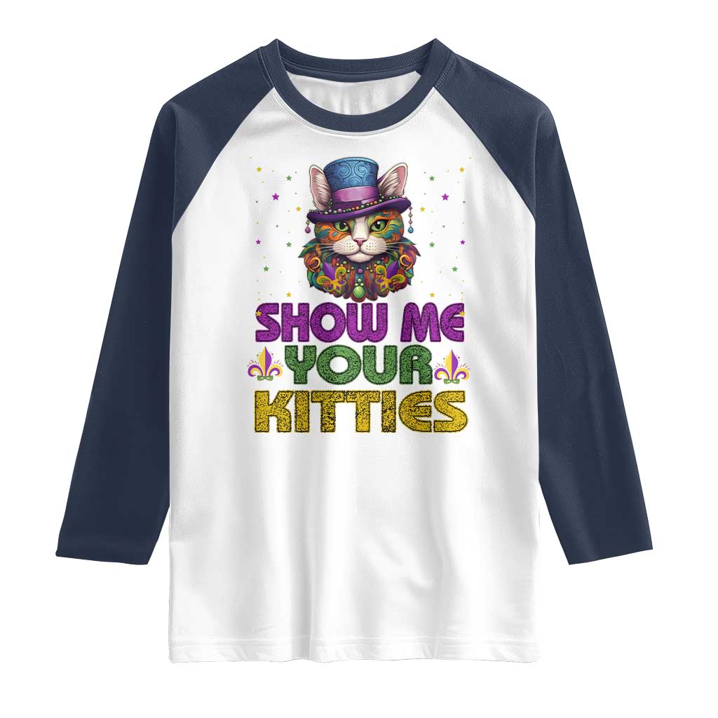 Mardi Gras Raglan Shirt Show Me Your Kitties Cool Cat Jester Hat Bead TS09 White Navy Print Your Wear