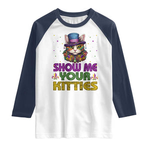 Mardi Gras Raglan Shirt Show Me Your Kitties Cool Cat Jester Hat Bead TS09 White Navy Print Your Wear