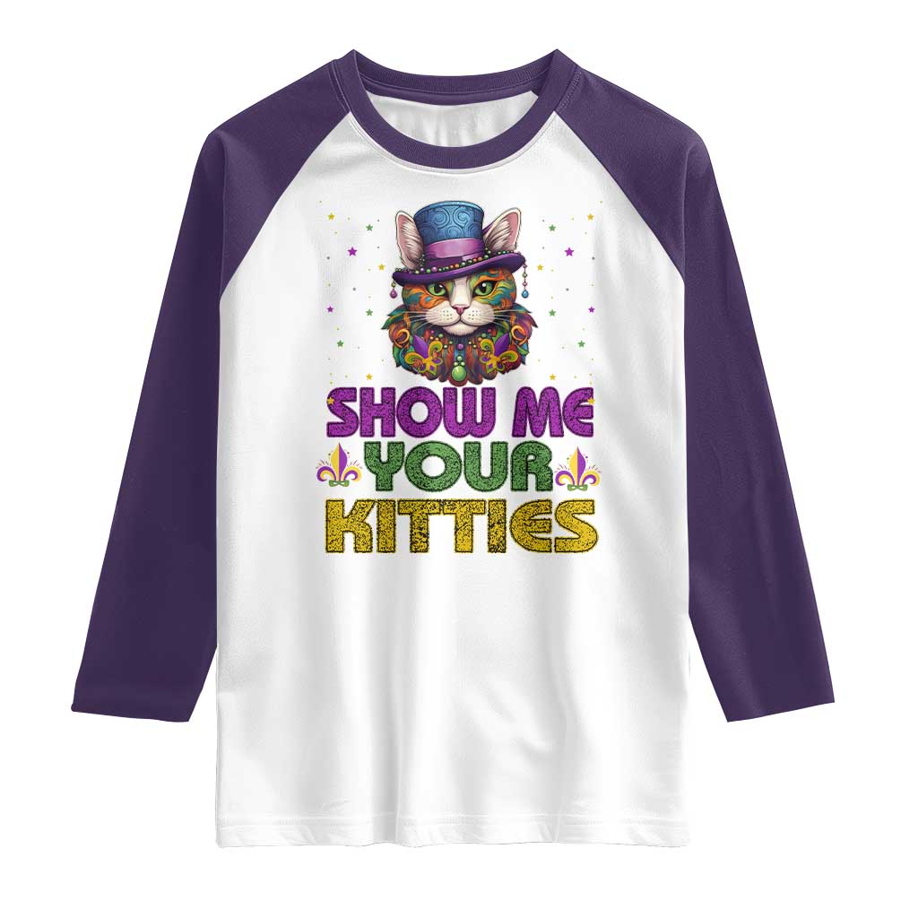 Mardi Gras Raglan Shirt Show Me Your Kitties Cool Cat Jester Hat Bead TS09 White Purple Print Your Wear