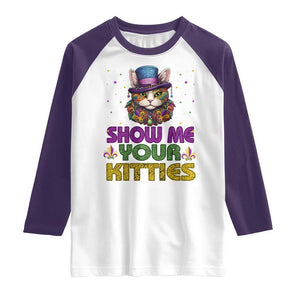 Mardi Gras Raglan Shirt Show Me Your Kitties Cool Cat Jester Hat Bead TS09 White Purple Print Your Wear