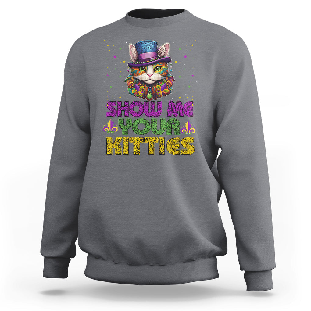 Mardi Gras Sweatshirt Show Me Your Kitties Cool Cat Jester Hat Bead TS09 Charcoal Printyourwear