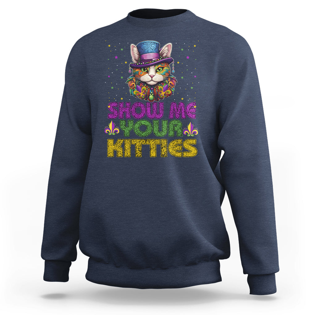 Mardi Gras Sweatshirt Show Me Your Kitties Cool Cat Jester Hat Bead TS09 Navy Printyourwear
