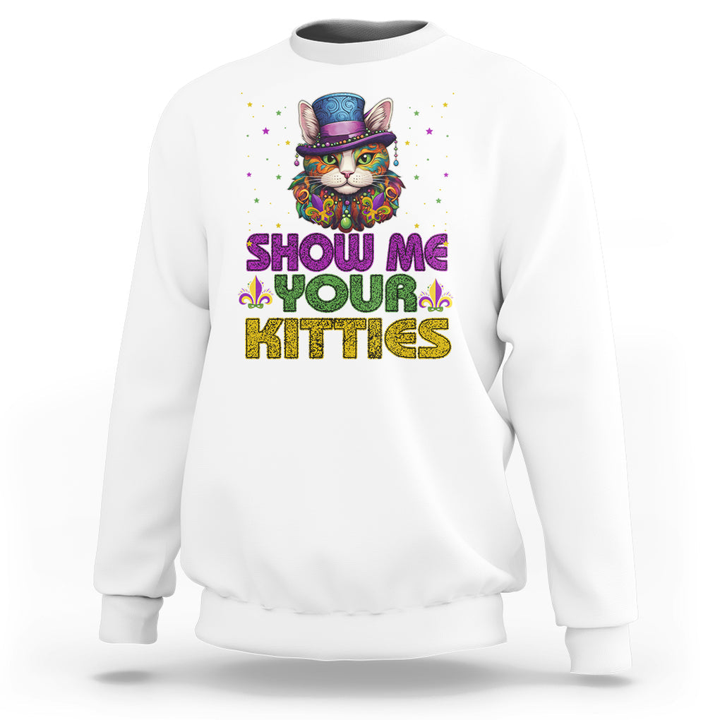 Mardi Gras Sweatshirt Show Me Your Kitties Cool Cat Jester Hat Bead TS09 White Printyourwear