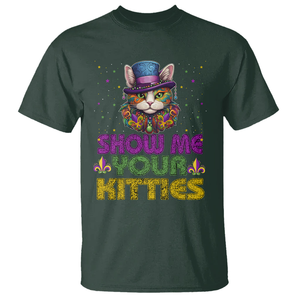 Mardi Gras T Shirt Show Me Your Kitties Cool Cat Jester Hat Bead TS09 Dark Forest Green Printyourwear