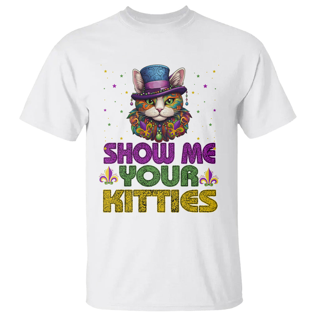 Mardi Gras T Shirt Show Me Your Kitties Cool Cat Jester Hat Bead TS09 White Printyourwear
