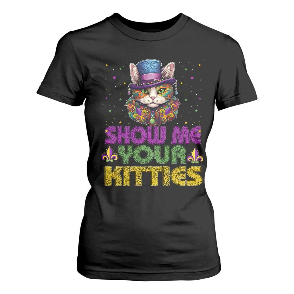 Mardi Gras T Shirt For Women Show Me Your Kitties Cool Cat Jester Hat Bead TS09 Black Print Your Wear