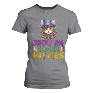 Mardi Gras T Shirt For Women Show Me Your Kitties Cool Cat Jester Hat Bead TS09 Charcoal Print Your Wear