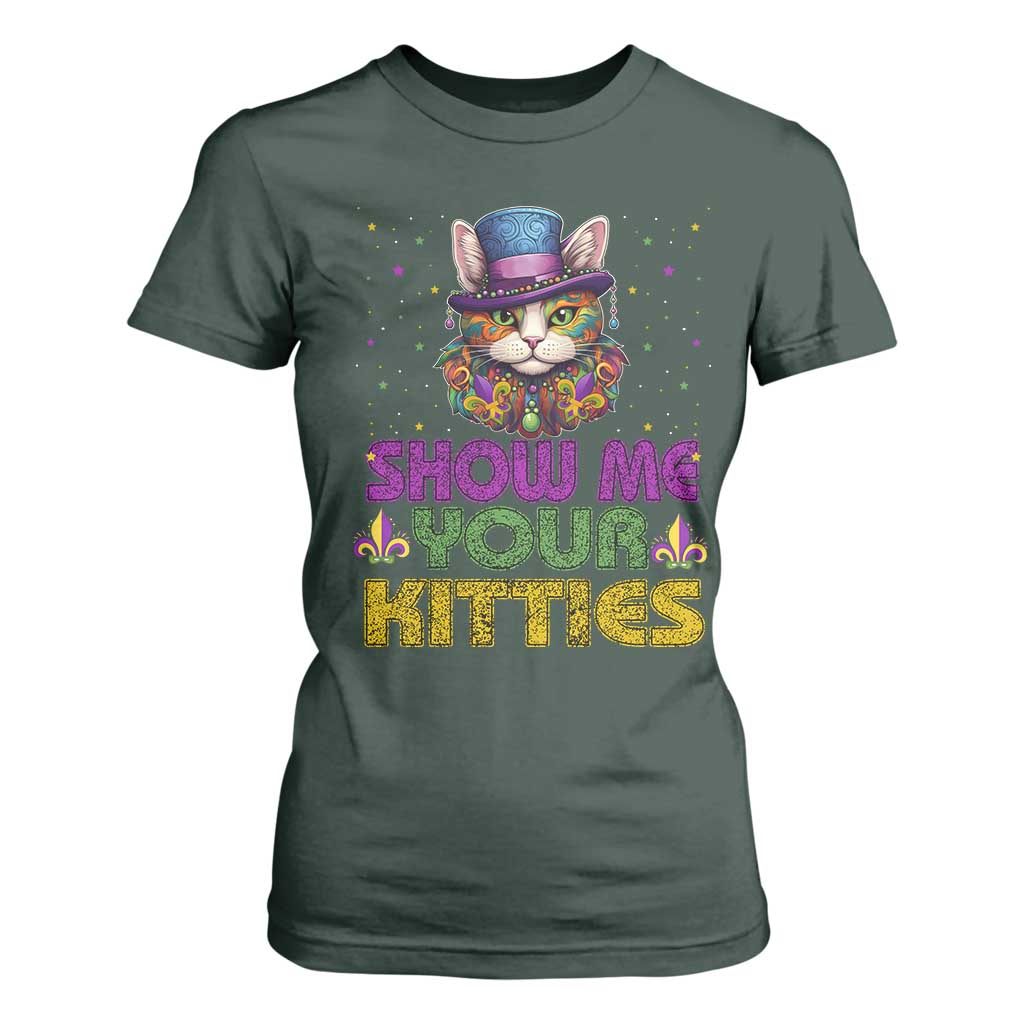 Mardi Gras T Shirt For Women Show Me Your Kitties Cool Cat Jester Hat Bead TS09 Dark Forest Green Print Your Wear