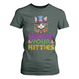 Mardi Gras T Shirt For Women Show Me Your Kitties Cool Cat Jester Hat Bead TS09 Dark Forest Green Print Your Wear