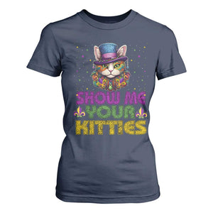 Mardi Gras T Shirt For Women Show Me Your Kitties Cool Cat Jester Hat Bead TS09 Navy Print Your Wear