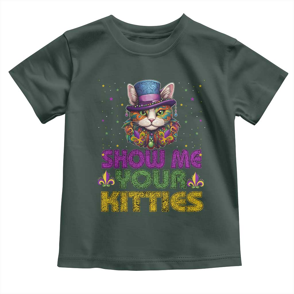 Mardi Gras Toddler T Shirt Show Me Your Kitties Cool Cat Jester Hat Bead TS09 Dark Forest Green Print Your Wear