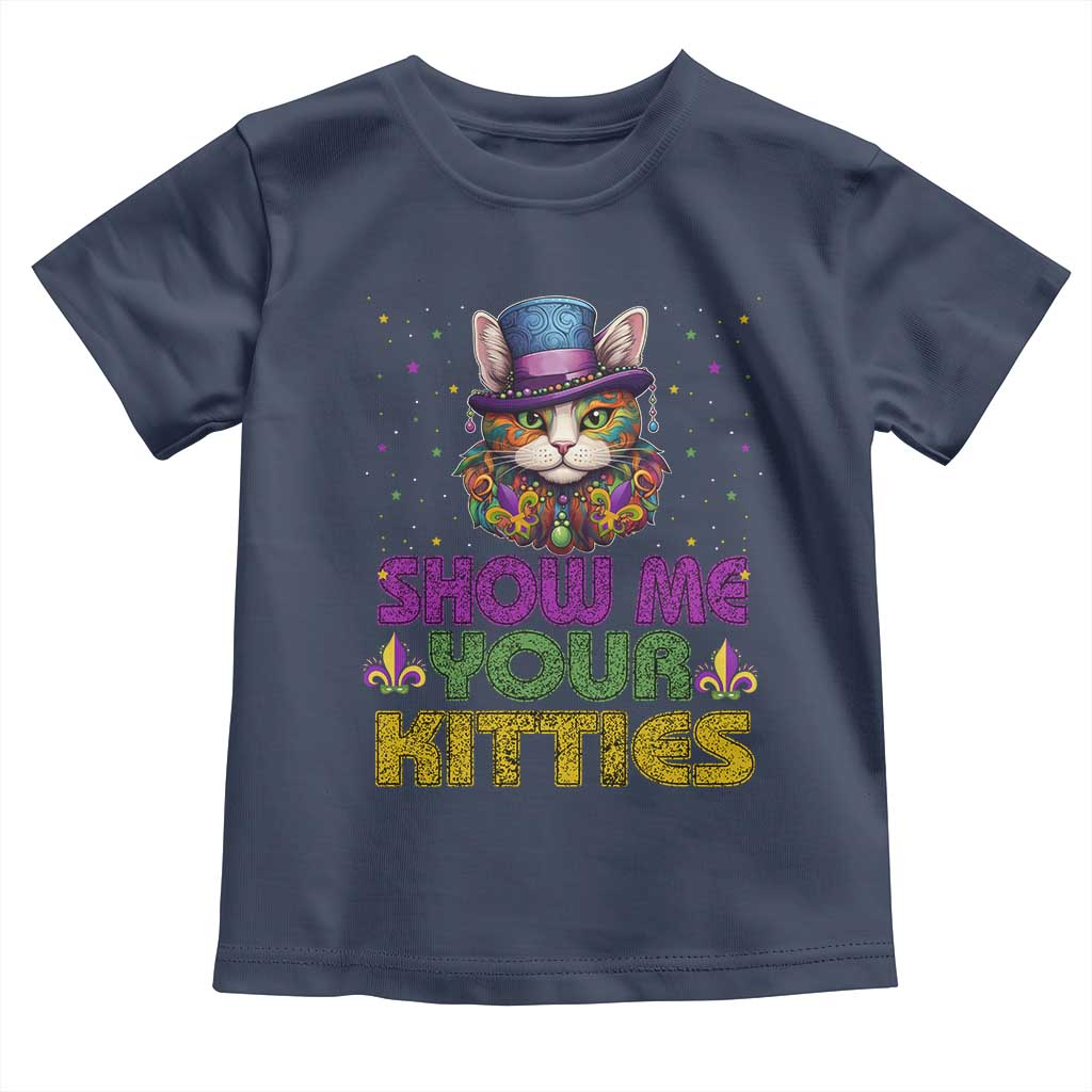 Mardi Gras Toddler T Shirt Show Me Your Kitties Cool Cat Jester Hat Bead TS09 Navy Print Your Wear