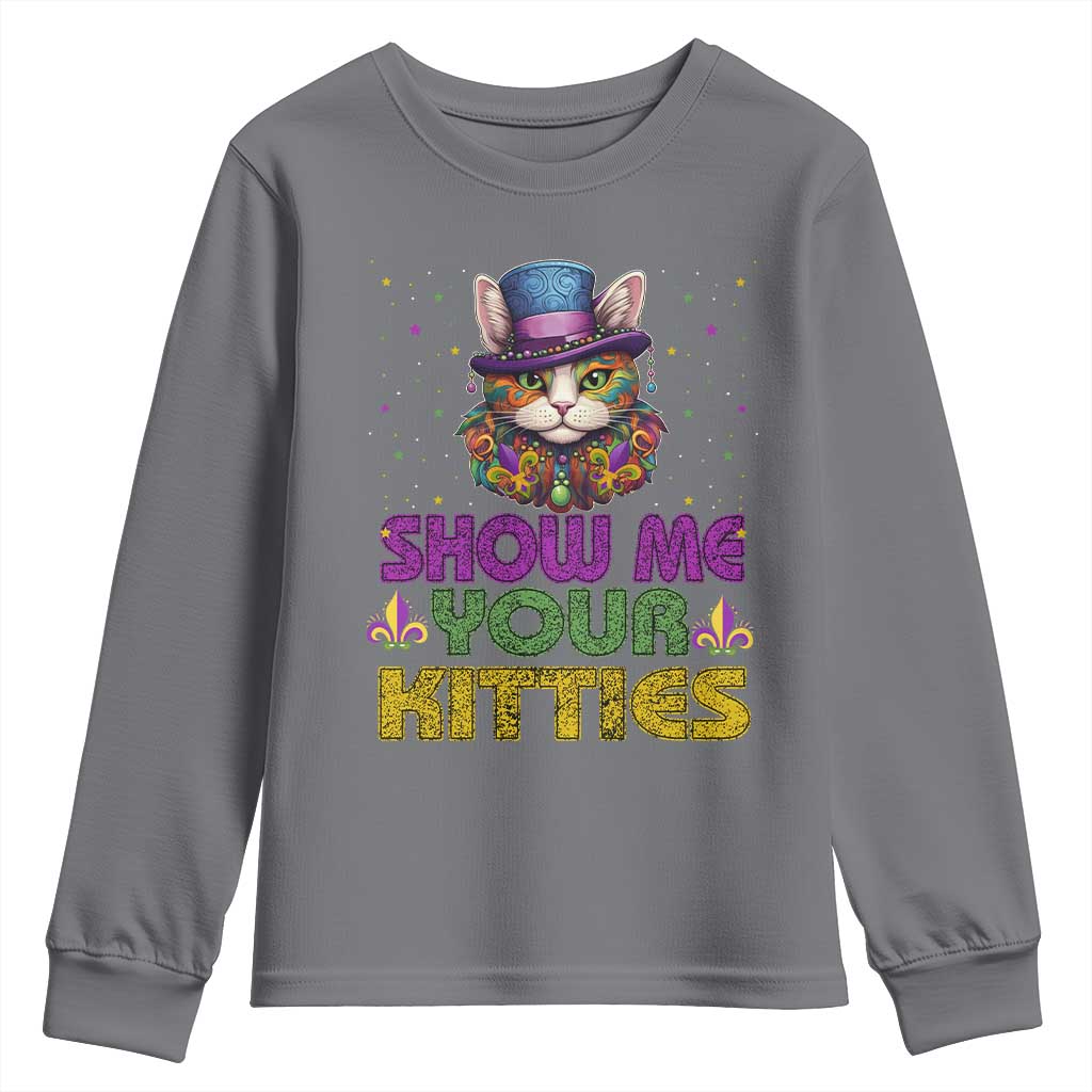 Mardi Gras Youth Sweatshirt Show Me Your Kitties Cool Cat Jester Hat Bead TS09 Charcoal Print Your Wear