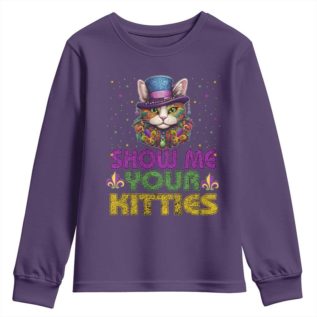 Mardi Gras Youth Sweatshirt Show Me Your Kitties Cool Cat Jester Hat Bead TS09 Purple Print Your Wear