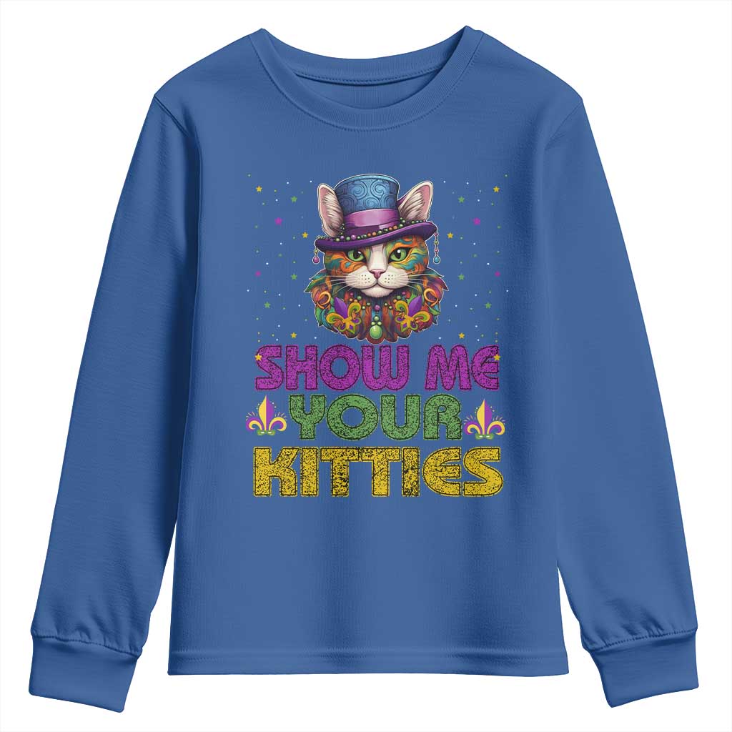 Mardi Gras Youth Sweatshirt Show Me Your Kitties Cool Cat Jester Hat Bead TS09 Royal Blue Print Your Wear