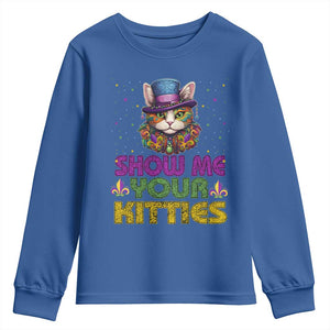 Mardi Gras Youth Sweatshirt Show Me Your Kitties Cool Cat Jester Hat Bead TS09 Royal Blue Print Your Wear