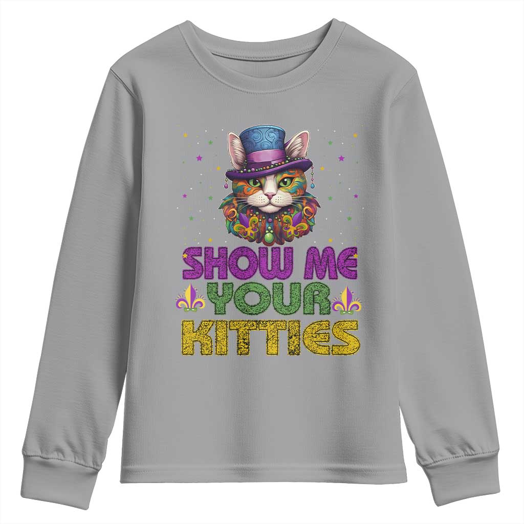 Mardi Gras Youth Sweatshirt Show Me Your Kitties Cool Cat Jester Hat Bead TS09 Sport Gray Print Your Wear