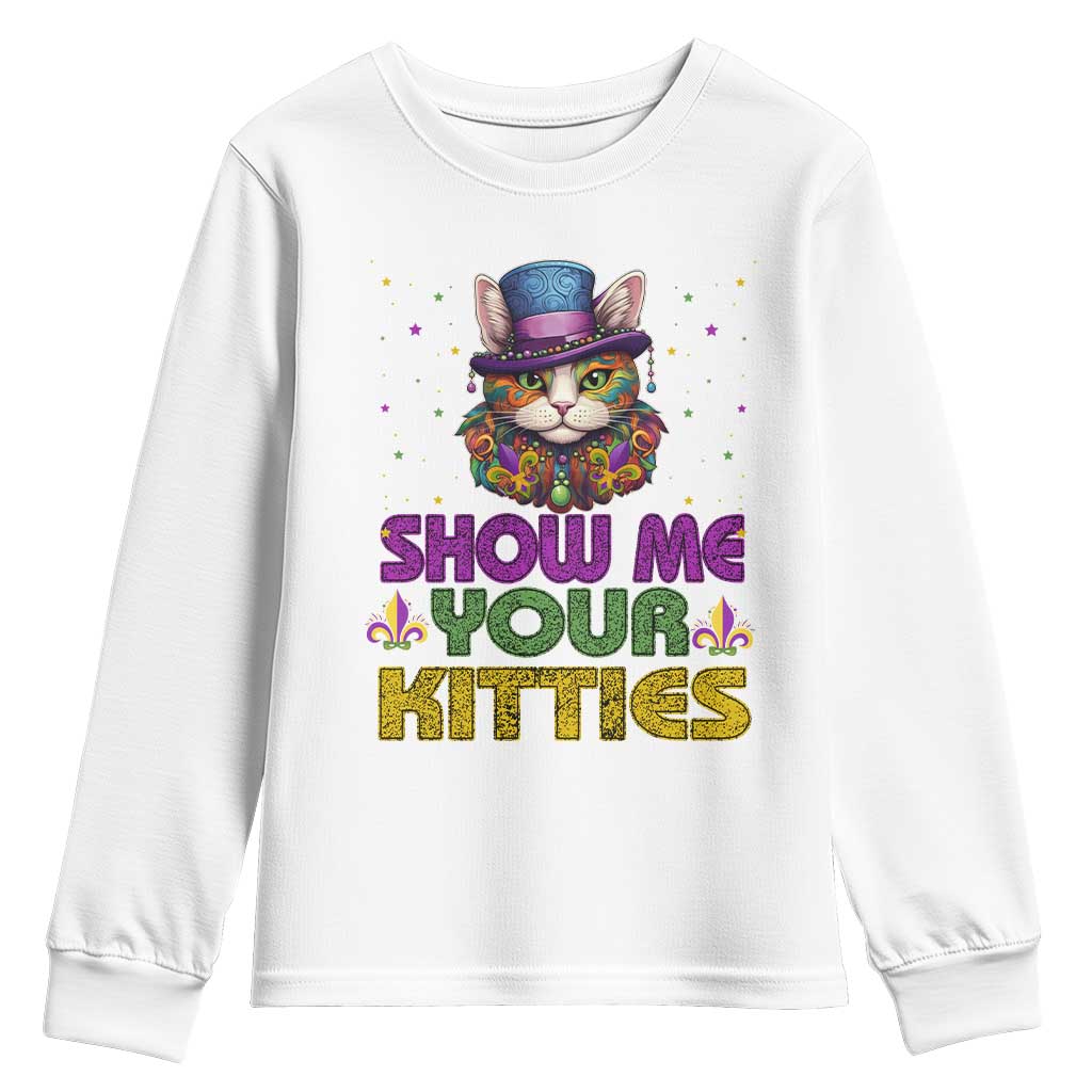 Mardi Gras Youth Sweatshirt Show Me Your Kitties Cool Cat Jester Hat Bead TS09 White Print Your Wear
