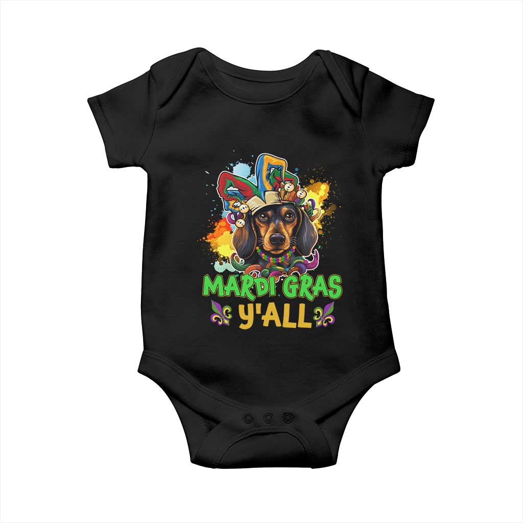 Mardi Gras Y'all Dachshund Dog With Beads Colorful Baby Onesie TS09 Black Print Your Wear