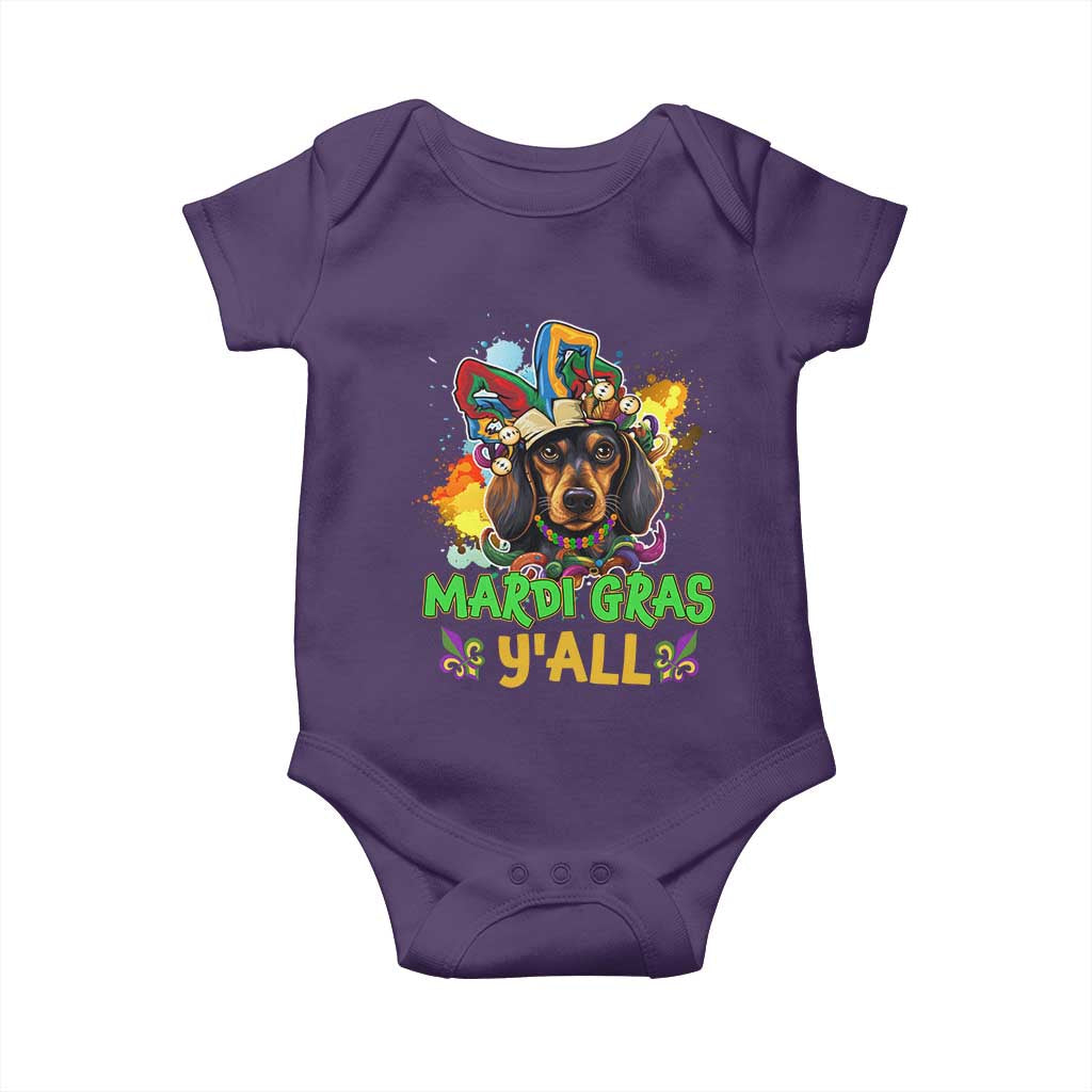 Mardi Gras Y'all Dachshund Dog With Beads Colorful Baby Onesie TS09 Purple Print Your Wear
