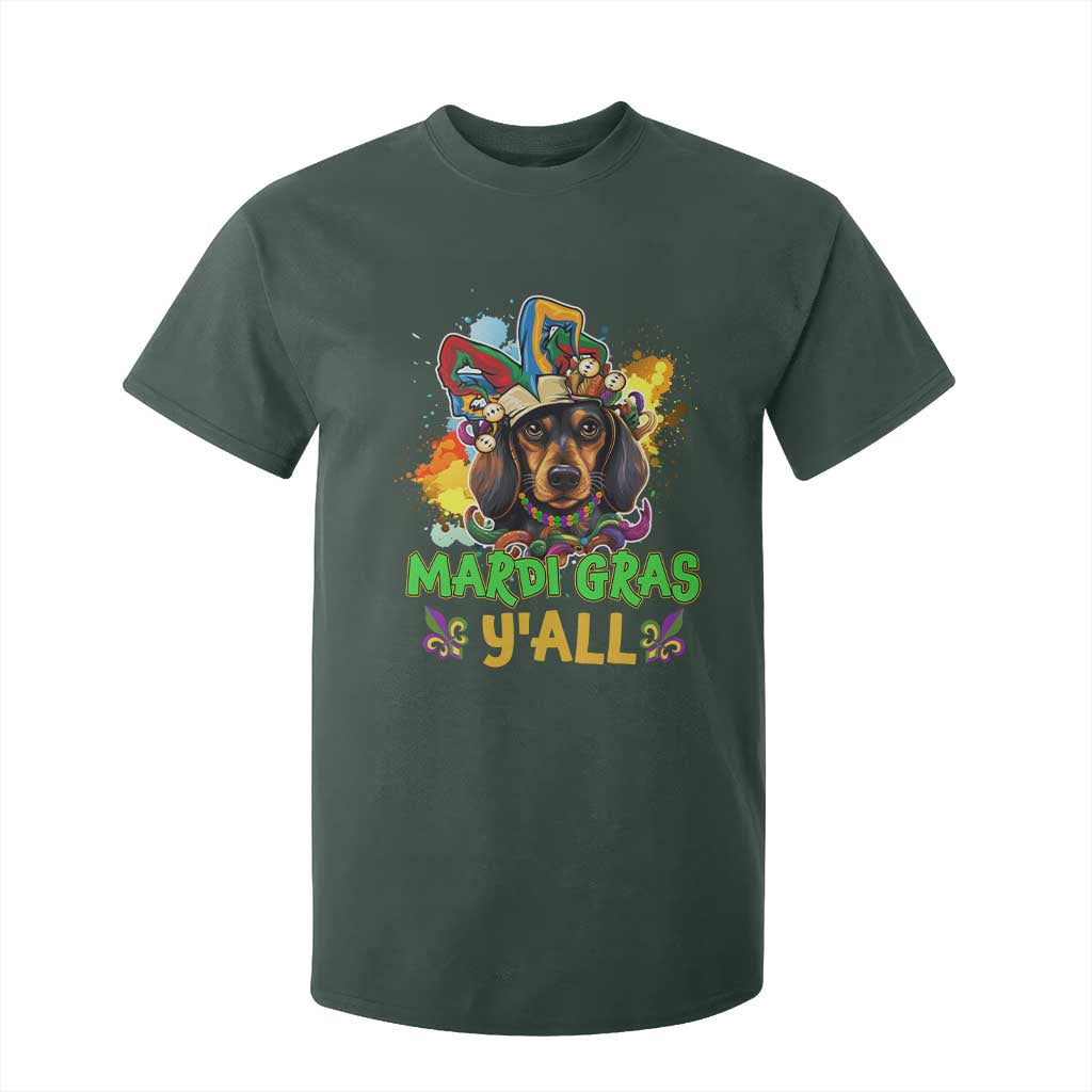 Mardi Gras Y'all Dachshund Dog With Beads Colorful T Shirt For Kid TS09 Dark Forest Green Print Your Wear