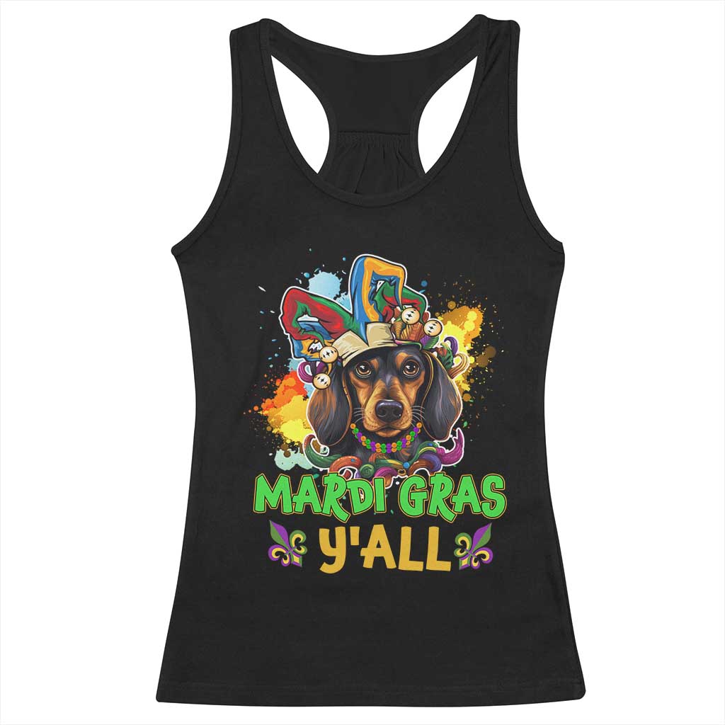 Mardi Gras Y'all Dachshund Dog With Beads Colorful Racerback Tank Top TS09 Black Print Your Wear
