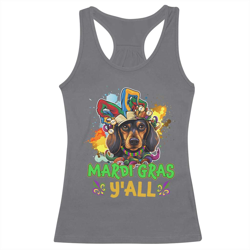 Mardi Gras Y'all Dachshund Dog With Beads Colorful Racerback Tank Top TS09 Charcoal Print Your Wear