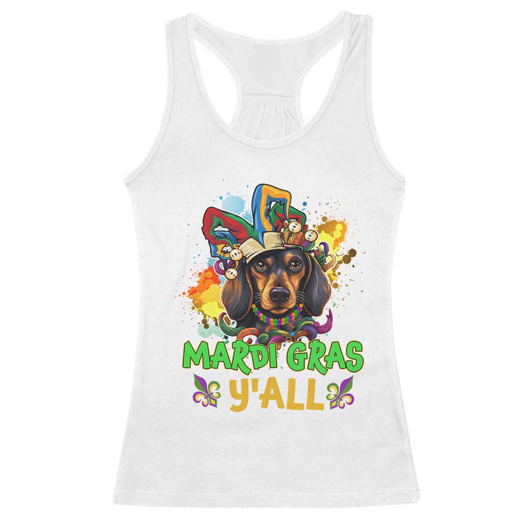 Mardi Gras Y'all Dachshund Dog With Beads Colorful Racerback Tank Top TS09 White Print Your Wear
