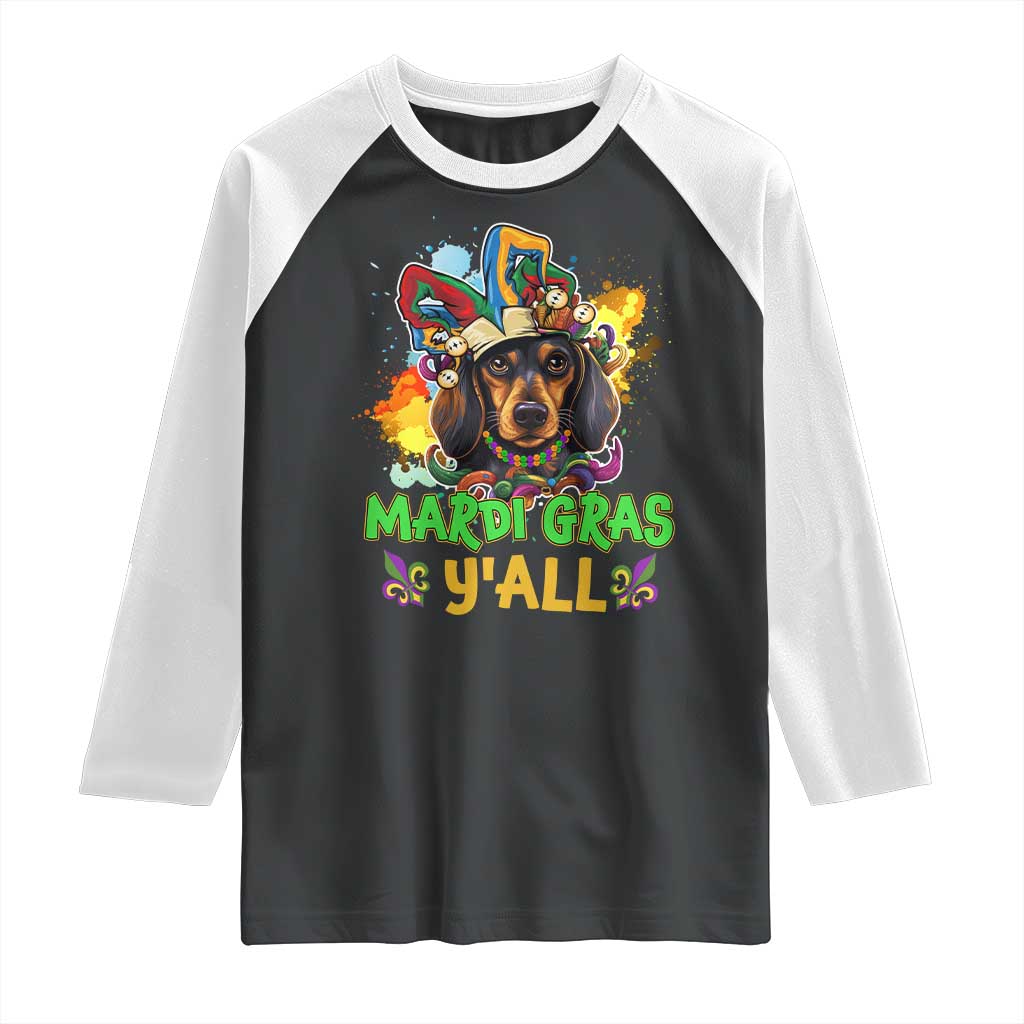 Mardi Gras Y'all Dachshund Dog With Beads Colorful Raglan Shirt TS09 Black White Print Your Wear