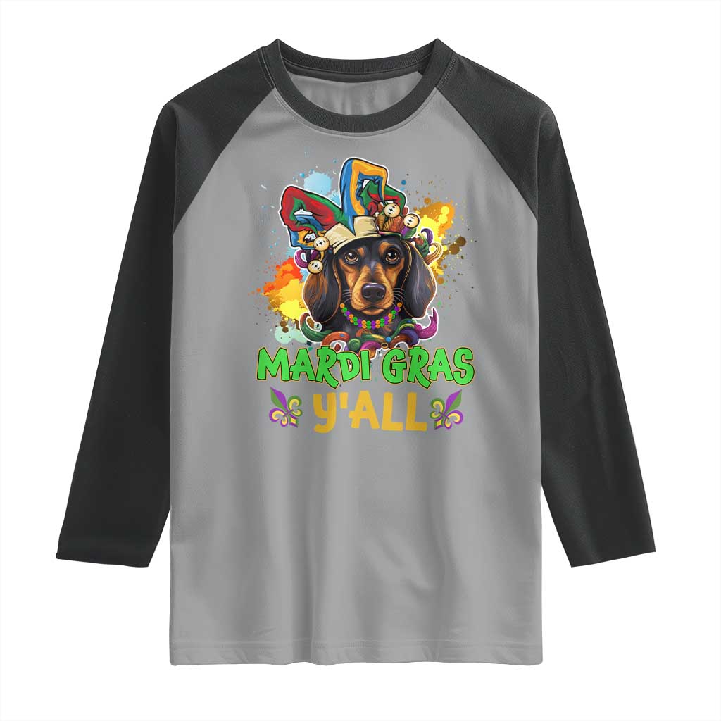 Mardi Gras Y'all Dachshund Dog With Beads Colorful Raglan Shirt TS09 Sport Gray Black Print Your Wear