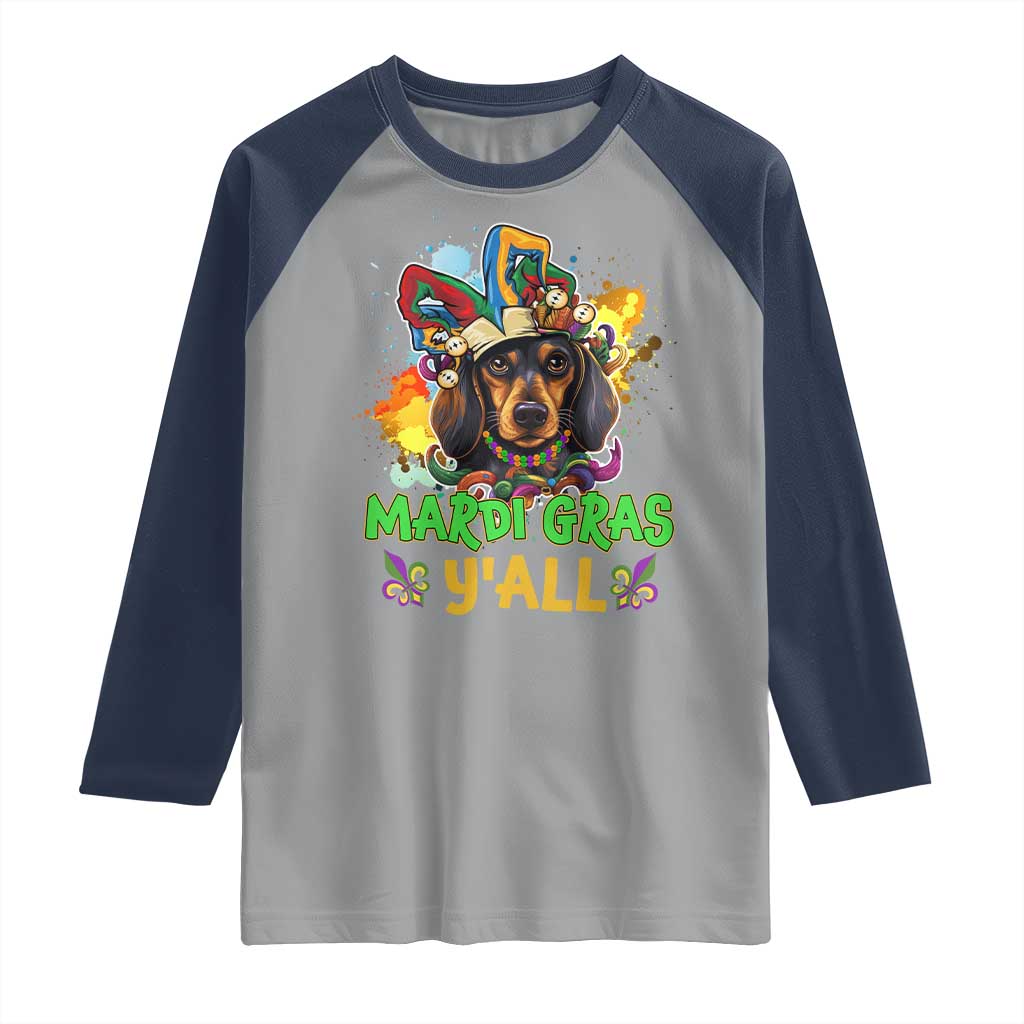 Mardi Gras Y'all Dachshund Dog With Beads Colorful Raglan Shirt TS09 Sport Gray Navy Print Your Wear