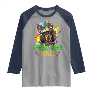 Mardi Gras Y'all Dachshund Dog With Beads Colorful Raglan Shirt TS09 Sport Gray Navy Print Your Wear