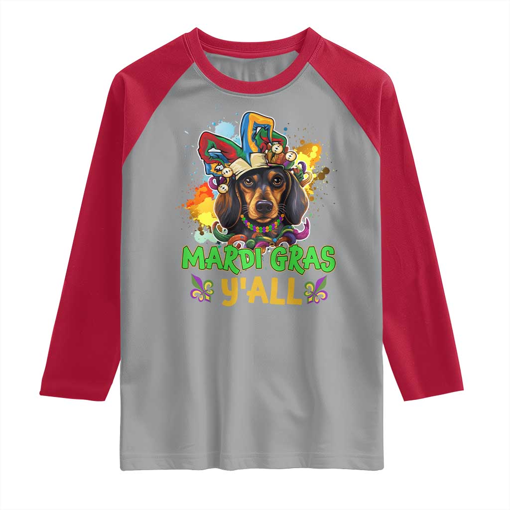 Mardi Gras Y'all Dachshund Dog With Beads Colorful Raglan Shirt TS09 Sport Gray Red Print Your Wear