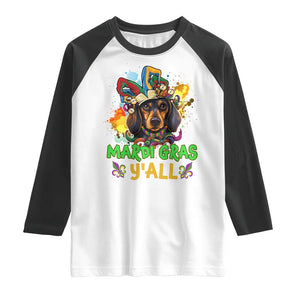 Mardi Gras Y'all Dachshund Dog With Beads Colorful Raglan Shirt TS09 White Black Print Your Wear