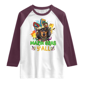 Mardi Gras Y'all Dachshund Dog With Beads Colorful Raglan Shirt TS09 White Maroon Print Your Wear