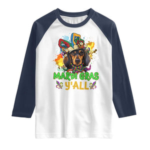 Mardi Gras Y'all Dachshund Dog With Beads Colorful Raglan Shirt TS09 White Navy Print Your Wear
