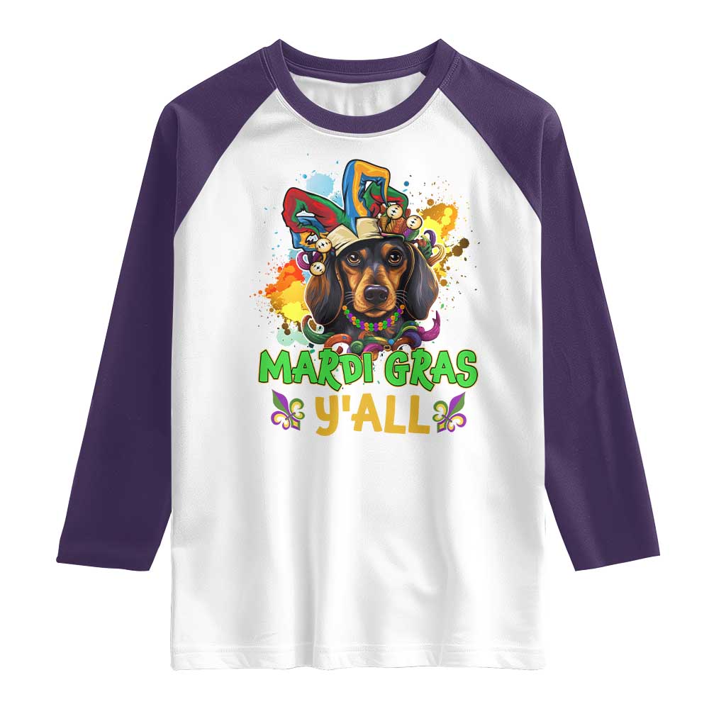 Mardi Gras Y'all Dachshund Dog With Beads Colorful Raglan Shirt TS09 White Purple Print Your Wear