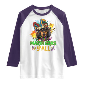 Mardi Gras Y'all Dachshund Dog With Beads Colorful Raglan Shirt TS09 White Purple Print Your Wear