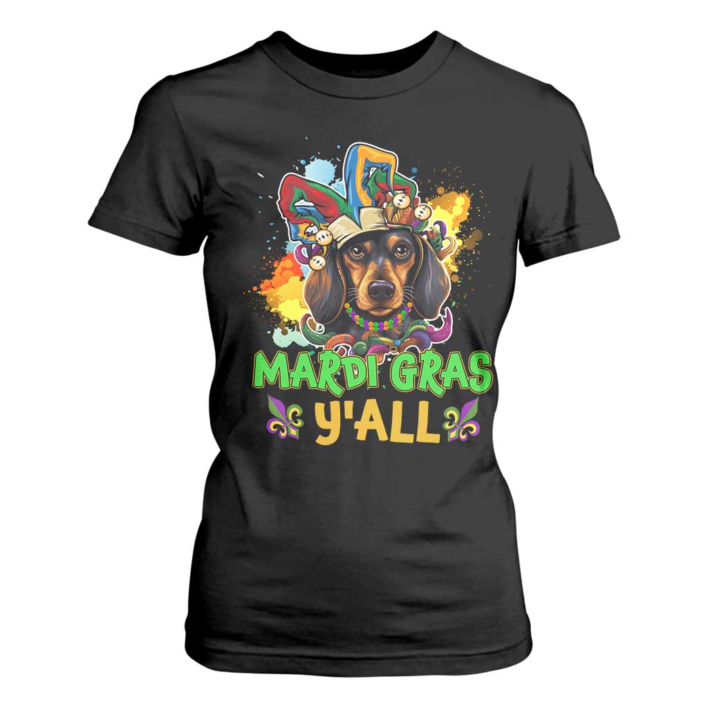 Mardi Gras Y'all Dachshund Dog With Beads Colorful T Shirt For Women TS09 Black Print Your Wear
