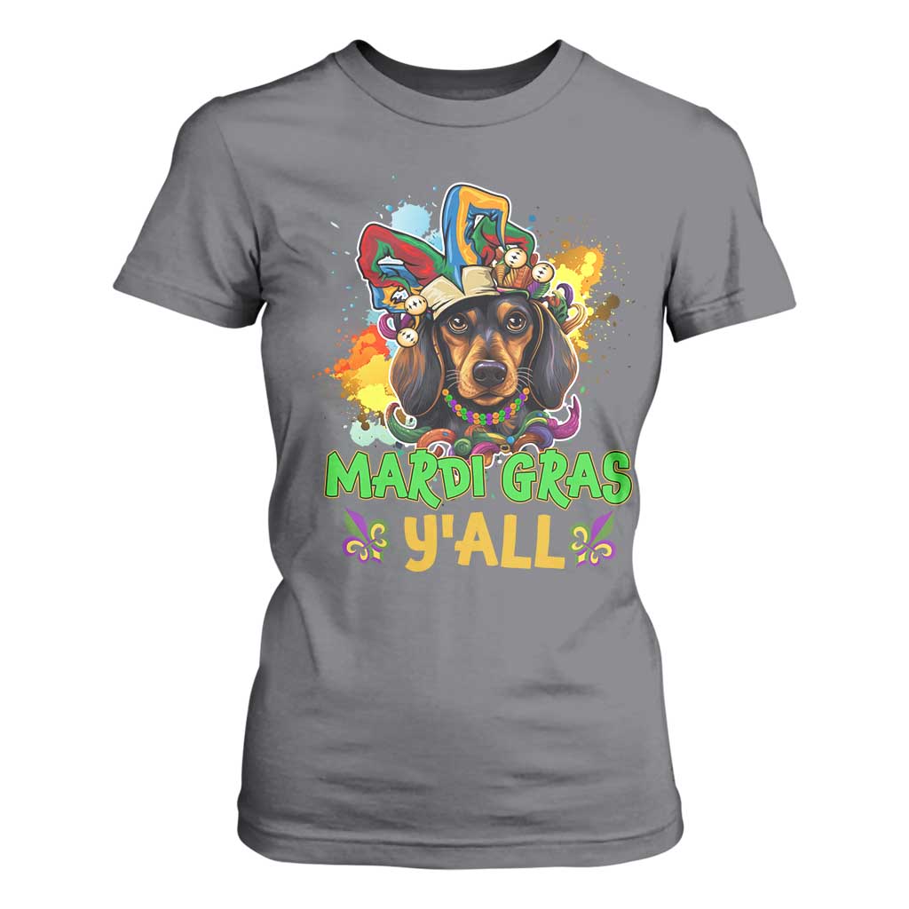 Mardi Gras Y'all Dachshund Dog With Beads Colorful T Shirt For Women TS09 Charcoal Print Your Wear