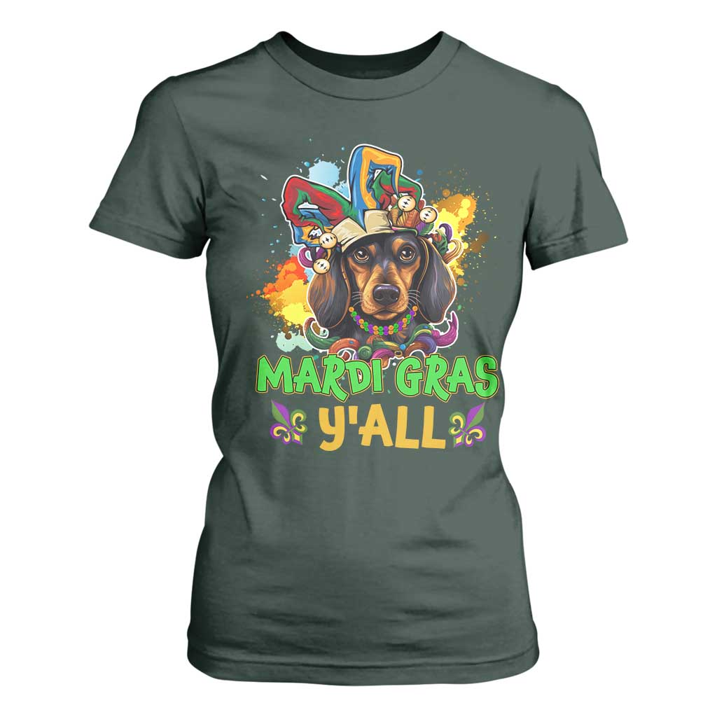 Mardi Gras Y'all Dachshund Dog With Beads Colorful T Shirt For Women TS09 Dark Forest Green Print Your Wear