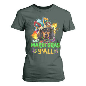Mardi Gras Y'all Dachshund Dog With Beads Colorful T Shirt For Women TS09 Dark Forest Green Print Your Wear