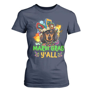 Mardi Gras Y'all Dachshund Dog With Beads Colorful T Shirt For Women TS09 Navy Print Your Wear