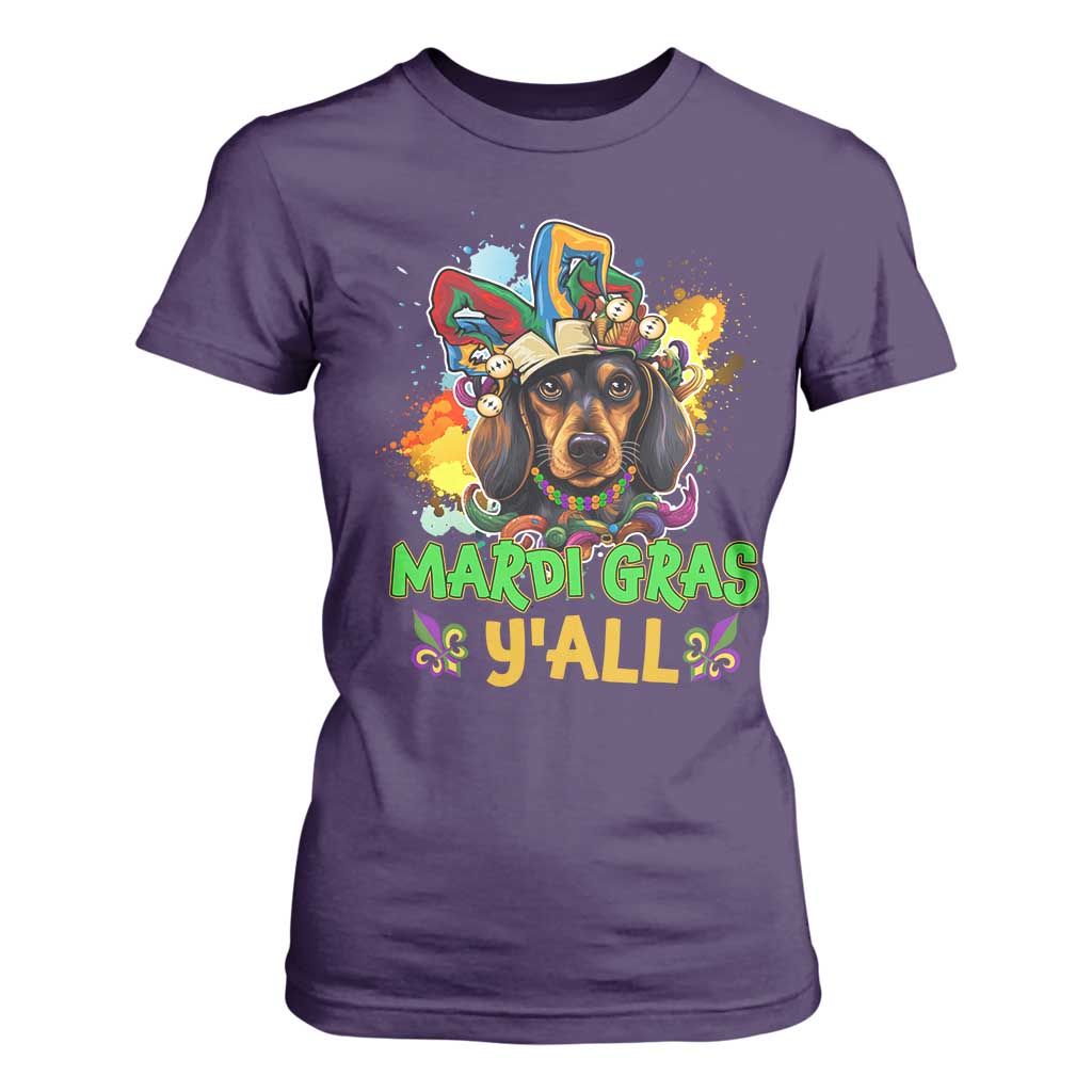 Mardi Gras Y'all Dachshund Dog With Beads Colorful T Shirt For Women TS09 Purple Print Your Wear