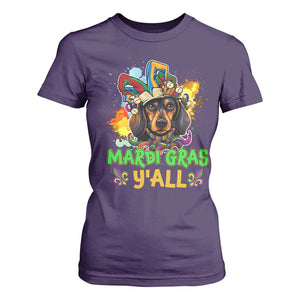 Mardi Gras Y'all Dachshund Dog With Beads Colorful T Shirt For Women TS09 Purple Print Your Wear