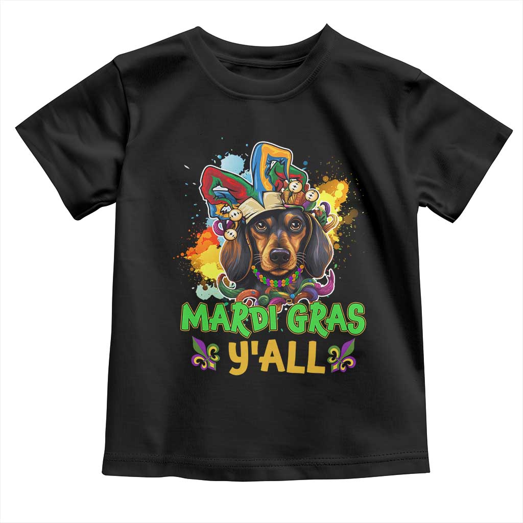 Mardi Gras Y'all Dachshund Dog With Beads Colorful Toddler T Shirt TS09 Black Print Your Wear