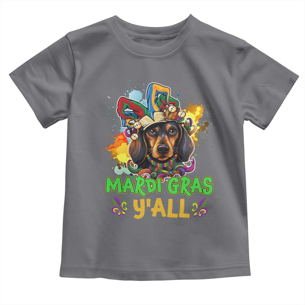 Mardi Gras Y'all Dachshund Dog With Beads Colorful Toddler T Shirt TS09 Charcoal Print Your Wear
