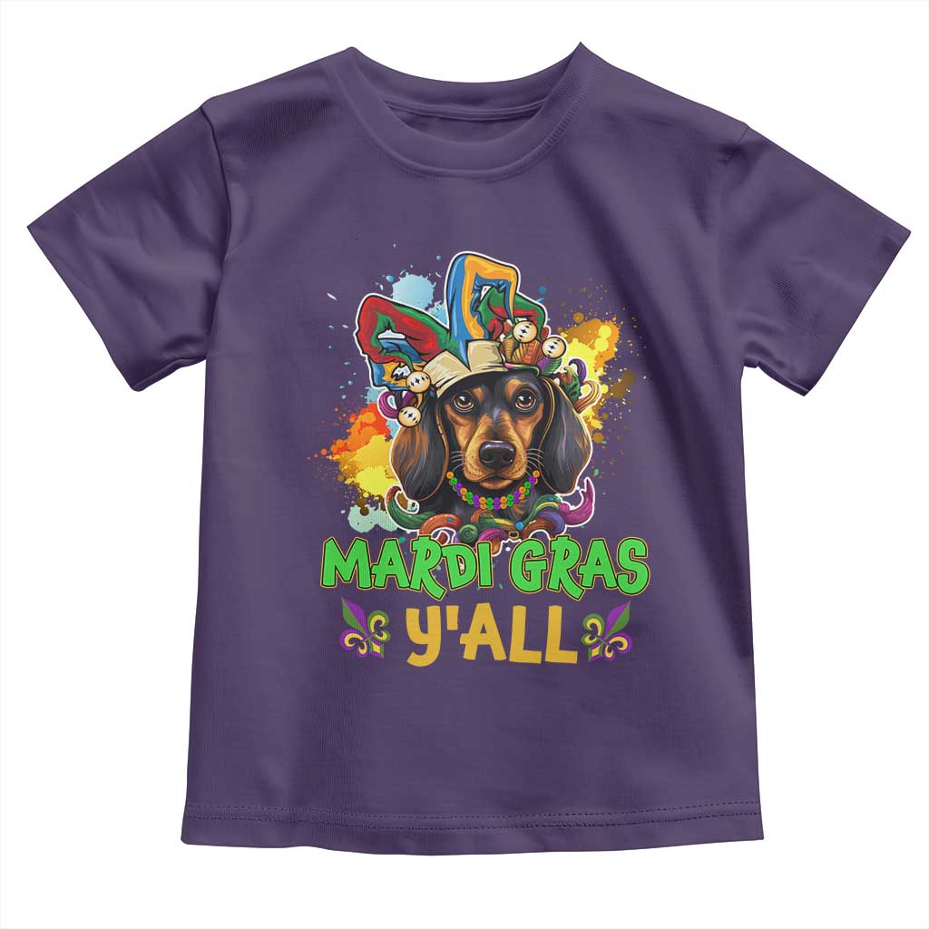 Mardi Gras Y'all Dachshund Dog With Beads Colorful Toddler T Shirt TS09 Purple Print Your Wear