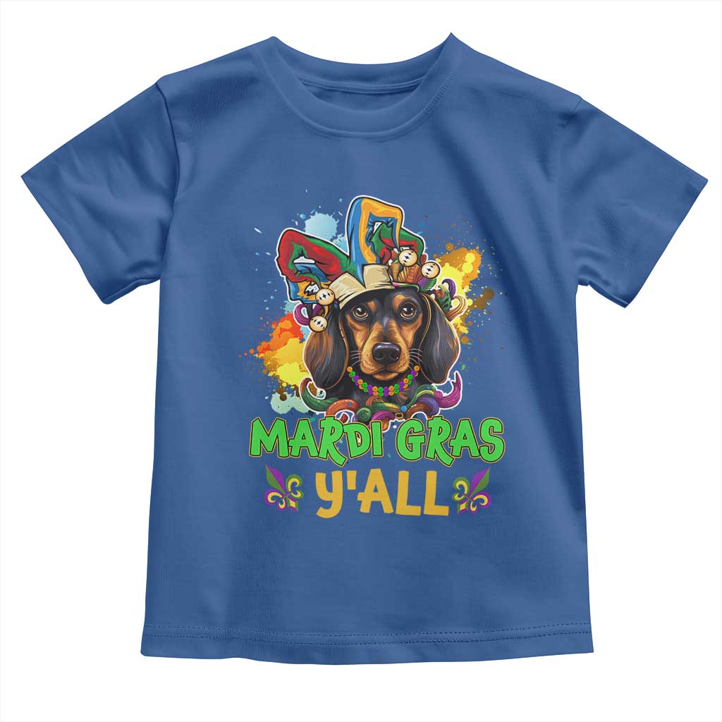 Mardi Gras Y'all Dachshund Dog With Beads Colorful Toddler T Shirt TS09 Royal Blue Print Your Wear